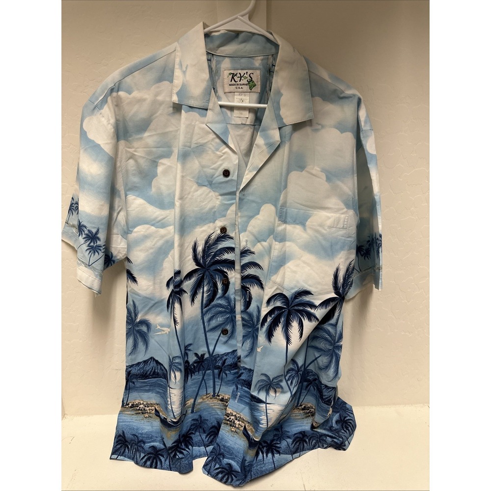 KY'S Made In‎ Hawaii USA Vintage Hawaiian Shirt Mens XL Palm Airplanes Scenery